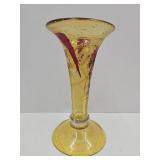 Yellow Art Glass Fluted 10.5" Vase w Red  Design