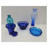 Lot of 5 Blue Art Glass Pieces-Bowl, Vases,+
