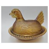 Vintage  Carnival Glass Hen on a Nest 7" L