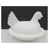 Vintage Milk Glas Hen on a Nest 7" L