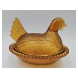 Vintage Amber Glass Hen on a Nest 7" L