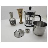 Coffee Press, 2 Metal Vases & Cup