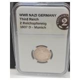 1937 D WWII Germany (2pf) Bronze Coin
