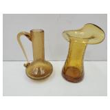 Amber Crackle Glass Vase 5" & 4 3/4" Pitcher