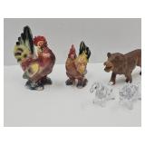 Ceramic Rooster & Hen, Wooden Lion, Glass Horses