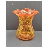 Orange Crackle Glass Ruffled Top Vase 5" h