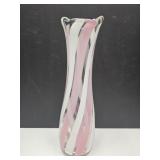 White & Pink Striped Handblown 12" Vase