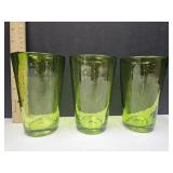 Lot of 3 Heavy Green Art Glasss Drinking Glasses