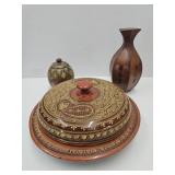 Wood Covered Jar, Divided Dish & Leather Vase