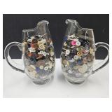 VTG Buttons & 2 Glass Pitchers 8" H