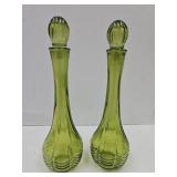 Pair of Green Bottles w Stoppers 9"H