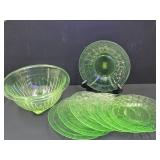 Uranium Glass Bowl 7 3/4" w & Saucers 6 1/4" w