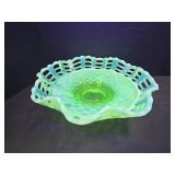 Fenton Uranium Ice Green 3 Row Ruffled Bowl-Damage
