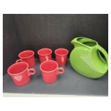 Fiesta Green Pitcher & 5 Red Mugs