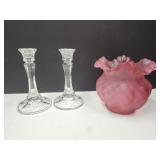 Fenton Pink Frosted Vase, Krosno Candlesticks