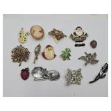 Jewelry Lot- Brooches, Cameo, Strawberries,Rhine+