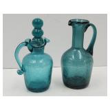 2 Blue Teal Crackle Gall Cruet & 5 3/4" h Pitcher
