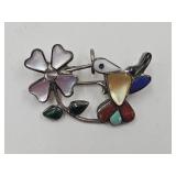 Silver Hummingbird Pin w Zuni Etched
