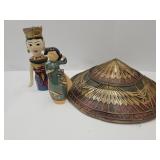 Asian Straw Hat & Statues 7 & 9.5" H
