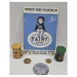 7"W Fairy Soap Sign, Shakers, Foreign Coin,+