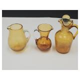 3 Amber Crackle Glass Creamers Up To 4.5" H
