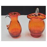 Orange Crackle Glass Basket & Creamer 3 3/4" H