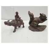 Wood Carved Bull & Squirrel 5"H