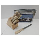 Knives W Block & Galvanzines Lighthouse Bucket