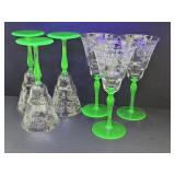 6 Antique Uranium Glass Art Etched 8" Stemware
