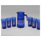 Cobalt Blue Glass Pitcher W Matching Juice Cups