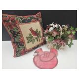 Cardinal Wall Mount, Pillow & Decor Floral Basket