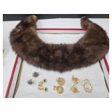 VTG Mink Fur Coat Collar, 5 Set Of Costume Jewelry