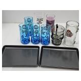 2 SM Baking Pans, MCM Glasses, Pyrex Skull Mug +