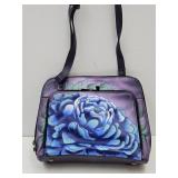 Anuschka  11" Hand Painted Peopny Eggplant Purse