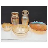 Lot Of 5 Marigold Carnival Glass Bowls & Vases