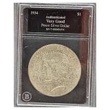 Authenticated Very Good 1934 D Silver Peace Dollar