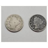 Two 1883 V Nickels with Cents
