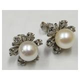 14k Gold Earrings with Carbide Diamonds & Pearls