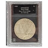 Authenticated VG 1928 S Silver Peace Dollar