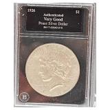Authenticated Very Good 1926 S Silver Peace Dollar