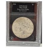 Authenticated Very Good 1924 Silver Peace Dollar