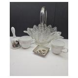 Glass Basket, Haviland Mugs +