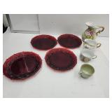 Ruby Red 7 1/2" Wide Plates Lefton 5"H Pitcher+