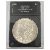 1921 Authenticated VG Morgan Silver Dollar Coin