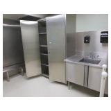 Stainless Cabinet, Sink & Skid of items.