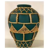 GREEN POTTERY JAR WICKER WRAPPING