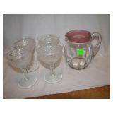 4 Vintage Stemmed Glasses 4&1/2"& a Pitcher =5"