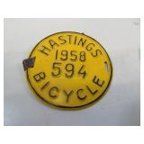 Vintage 1958 Hastings Bicycle License Plate