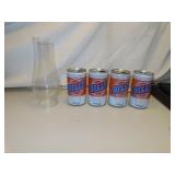 4 Vintage Billy Beer Cans & Oil Lamp Chimney =