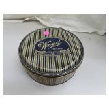 Vintage Wood Candies Tin = 7&1/2" x 3" with